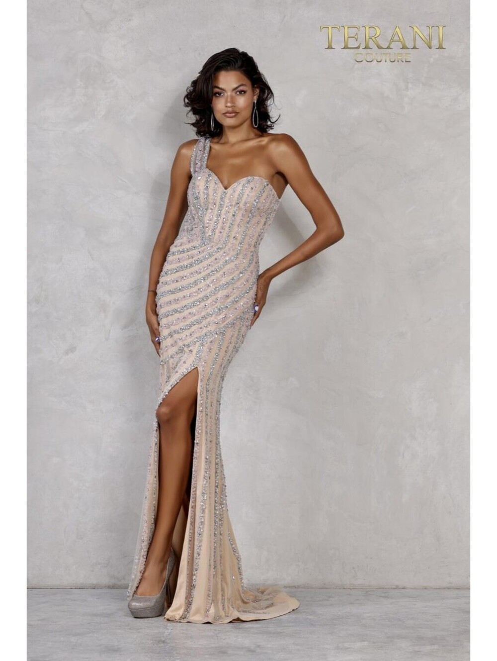 Blush Silver One-Shoulder Beaded Tulle Sheath Prom Dress with Thigh-High Slit